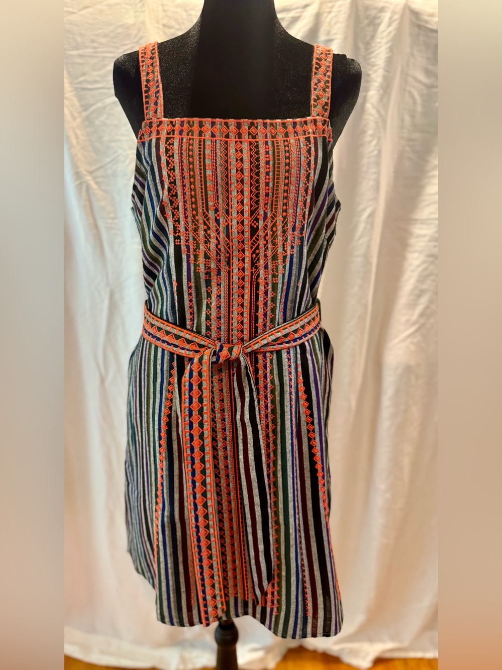 THML Striped Mini Dress with Bright Orange Embroidery